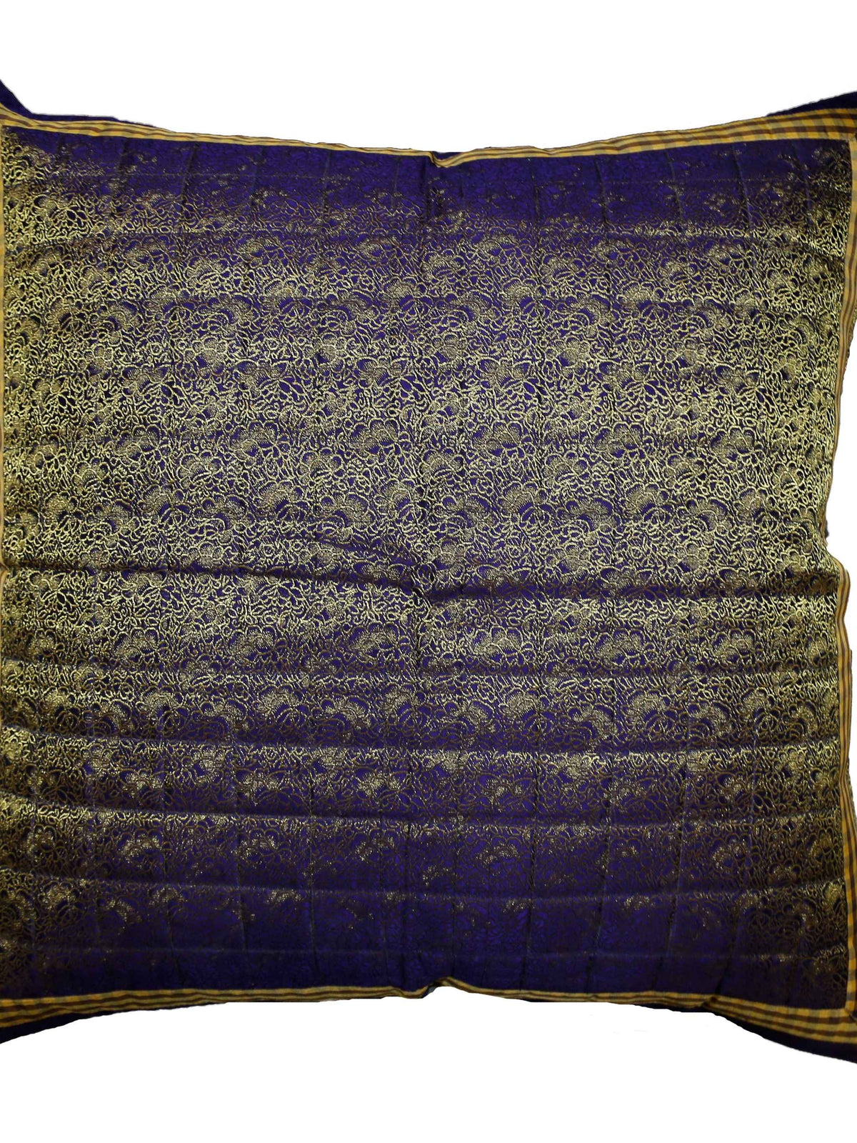 Deep navy-blue cushion cover with a gold paisley brocade pattern and a checked border