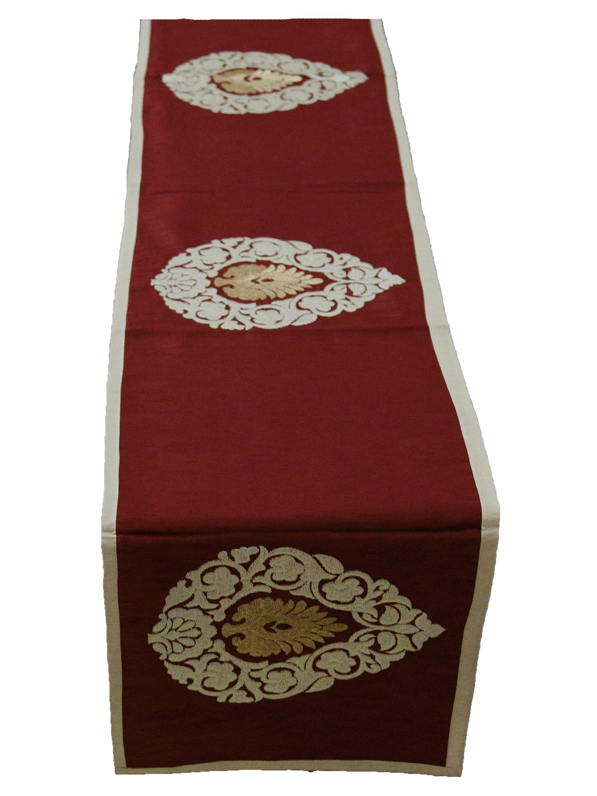 Beige Embroidered Dupion Silk Table Runner 12 X 90 inch front view