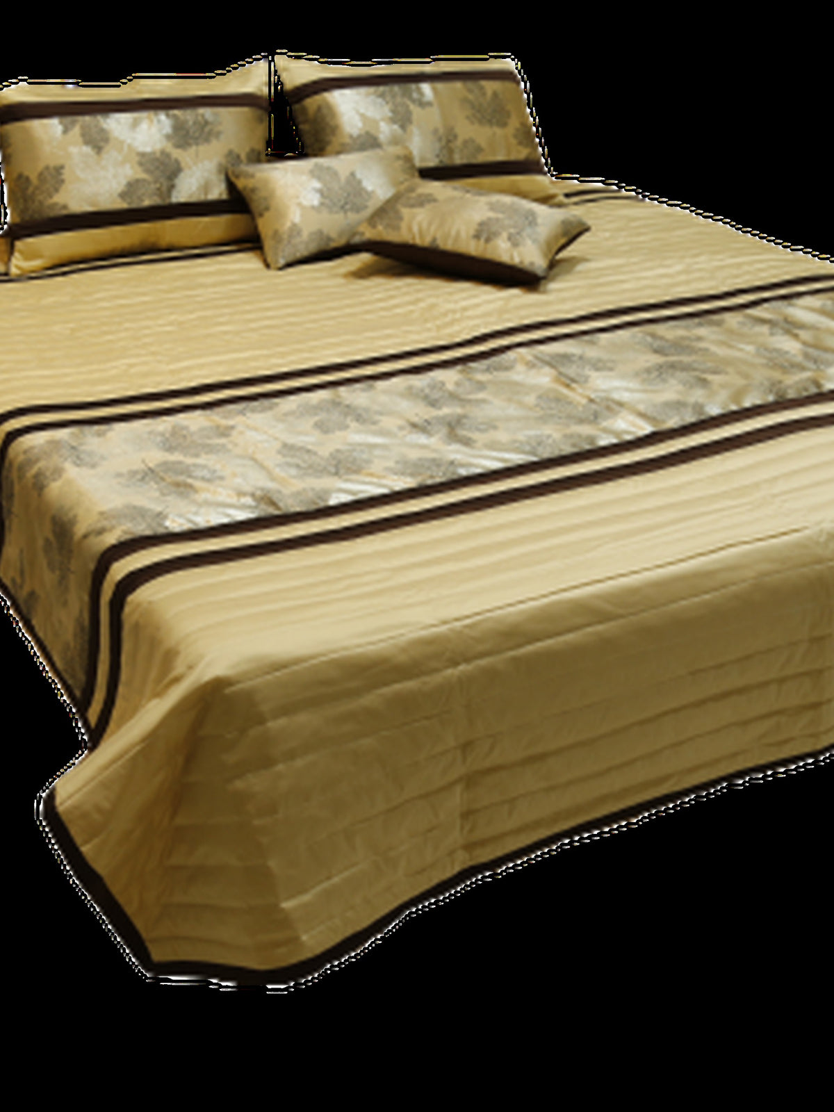 Gold striped poly silk bedcover with a leaf-print band and matching shams, Silk Ambi