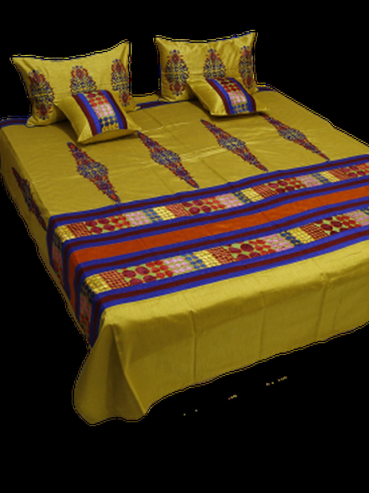 Mustard poly silk bedcover with a multicolour patchwork band, Rosario Premium