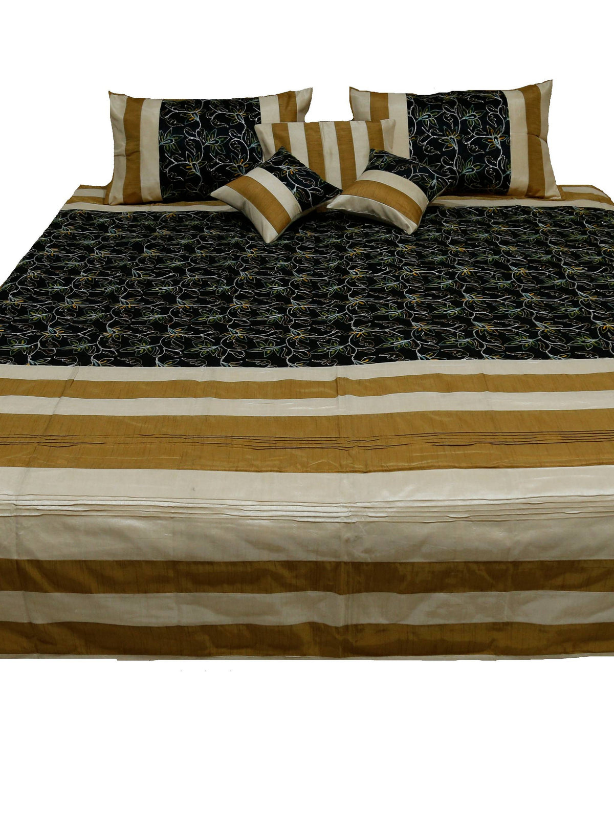 Black, cream and gold banded bedcover with aari-embroidered shams
