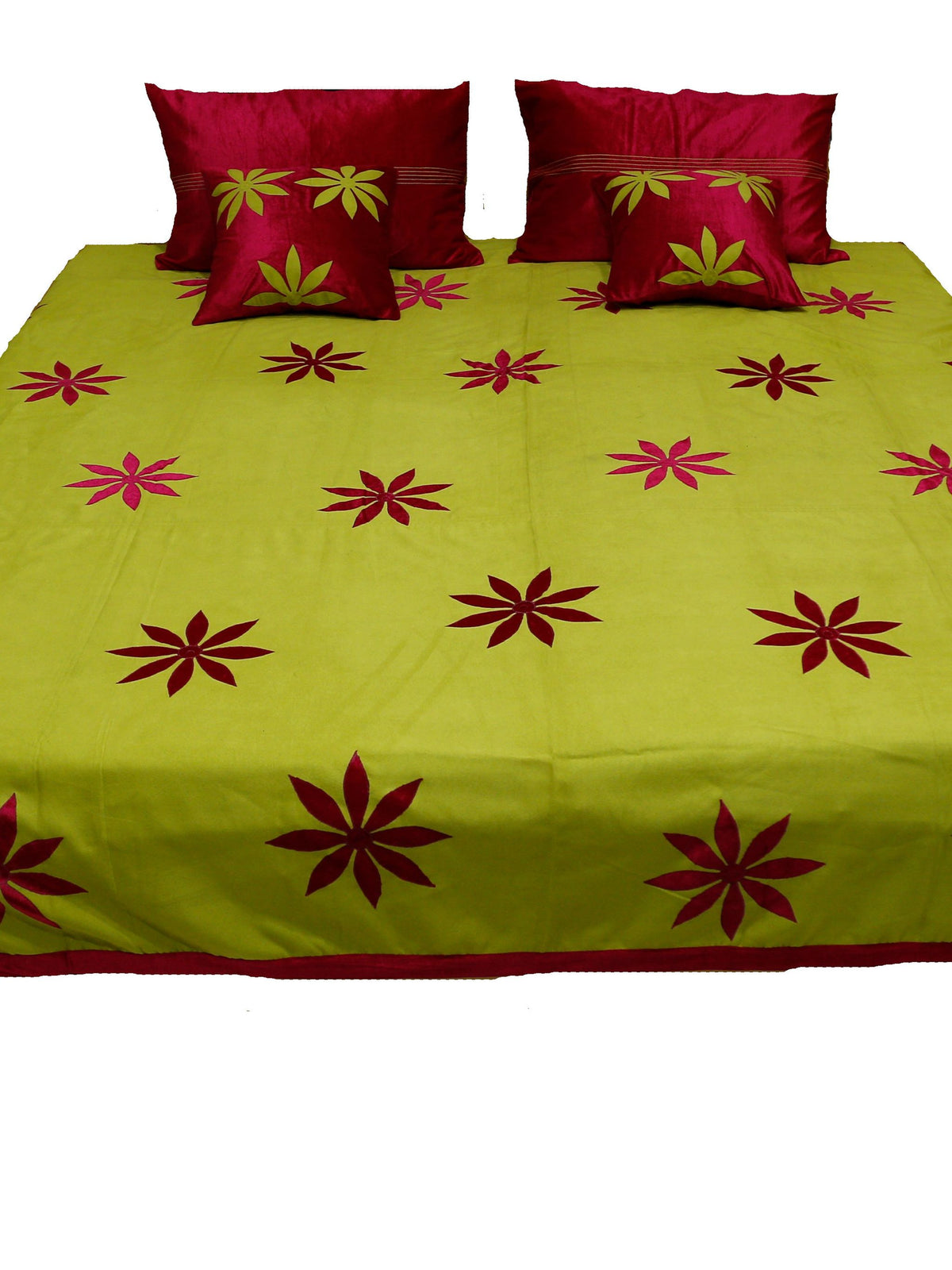 Lime green bedcover with maroon appliqué flowers and maroon cushions, Sued