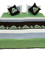Green, grey, black and cream banded bedcover with a floral appliqué band, Bal Patch
