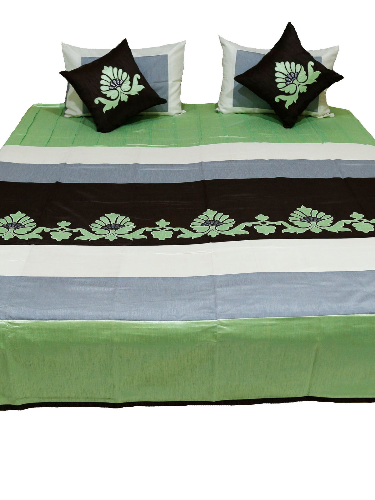 Green, grey, black and cream banded bedcover with a floral appliqué band, Bal Patch