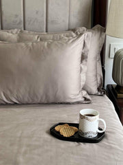 Greige sateen bedding with oxford pillows and a breakfast tray, Greige Luxe Collection