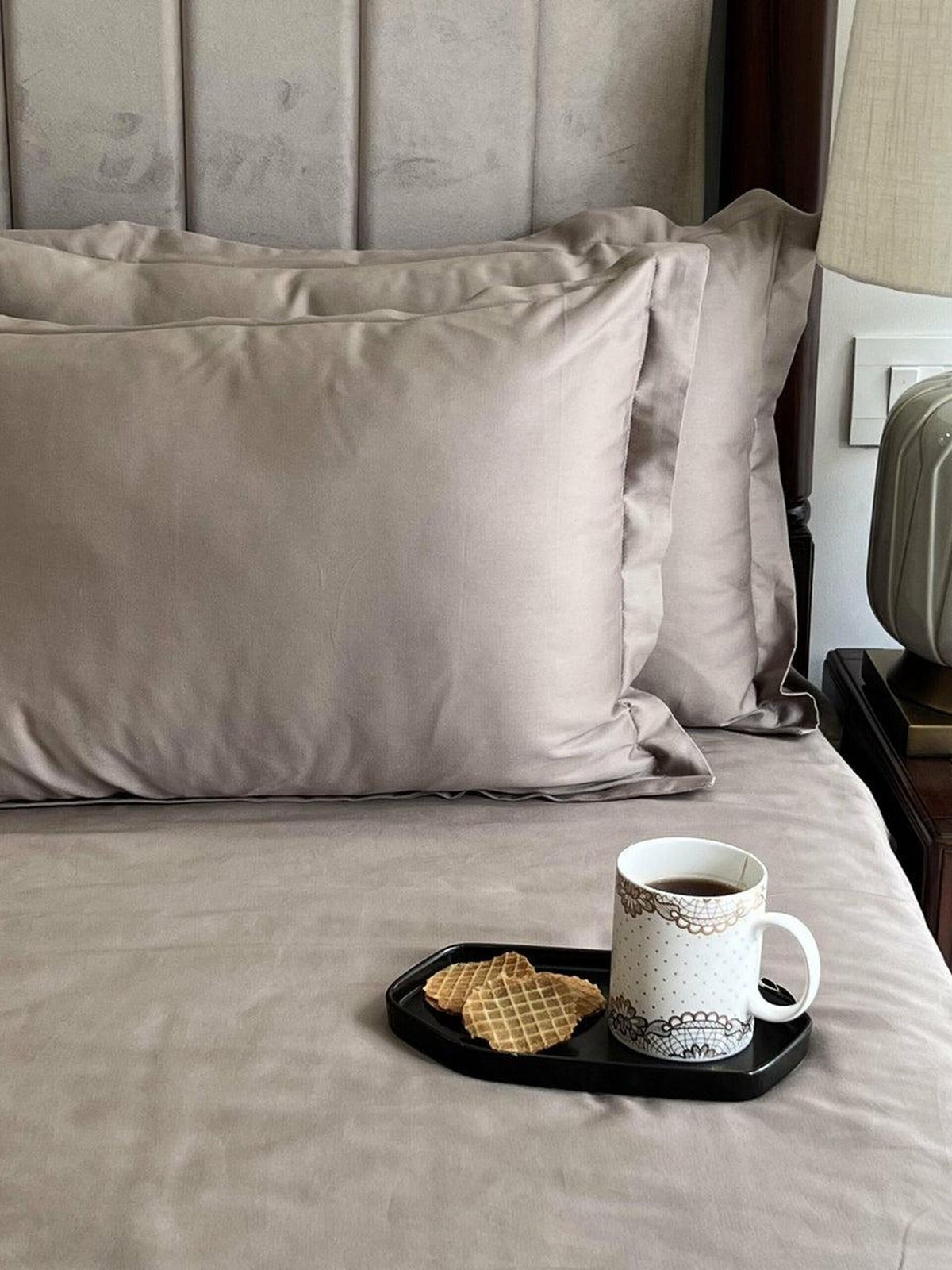 Greige sateen bedding with oxford pillows and a breakfast tray, Greige Luxe Collection