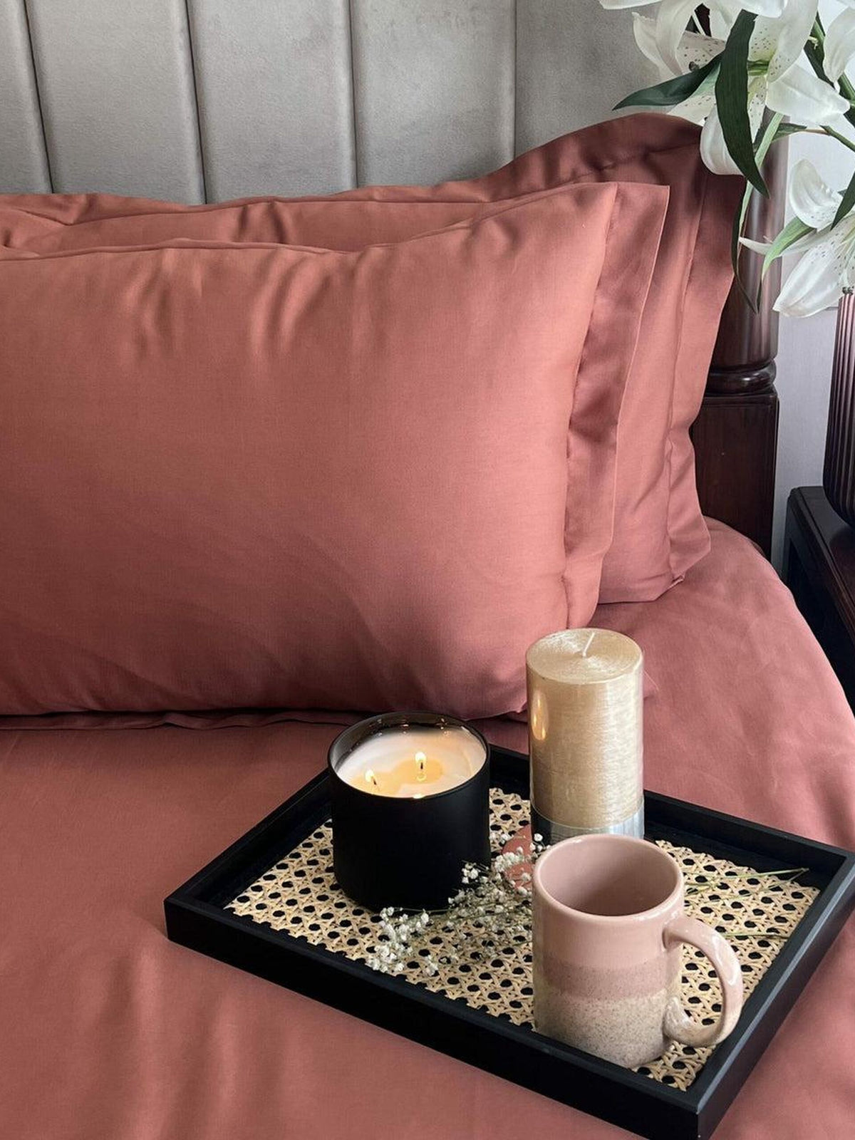 Clay rose sateen bedding with a breakfast tray, Terracotta Luxe Collection