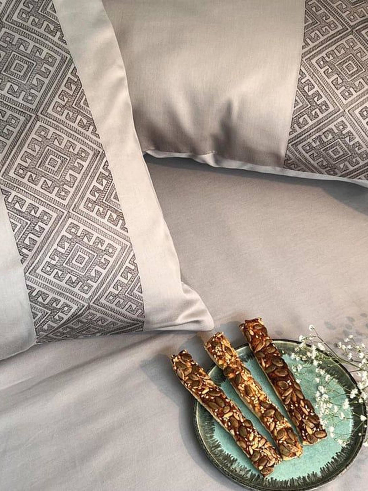 Silver grey bedding with a diamond-lattice embroidered panel, Silver Arcane Collection