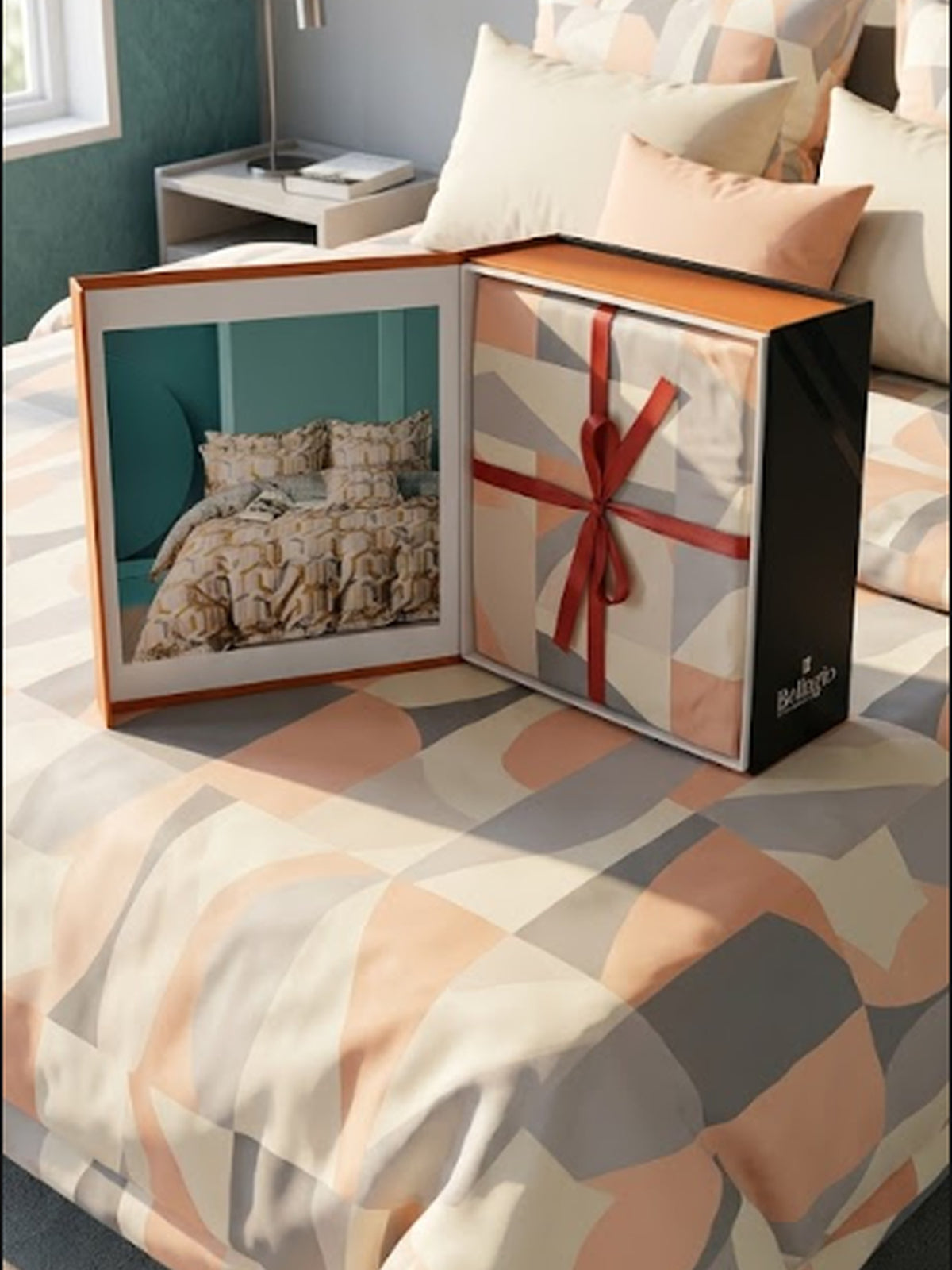 Bed dressed in a peach and grey geometric bedsheet with the open Voyage gift box