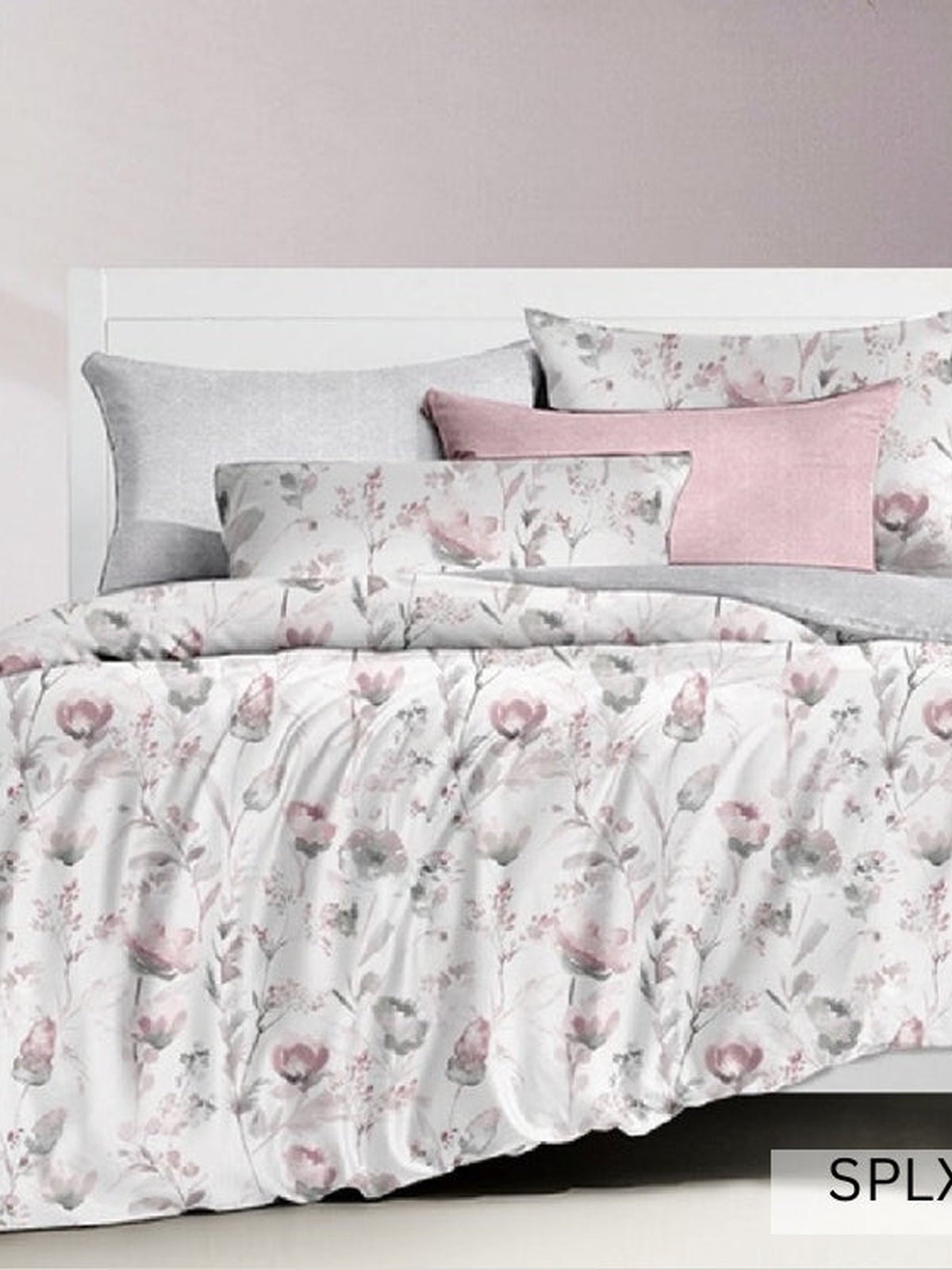 White bedsheet with pink and grey watercolour poppies, English Home 220TC SPLXL521