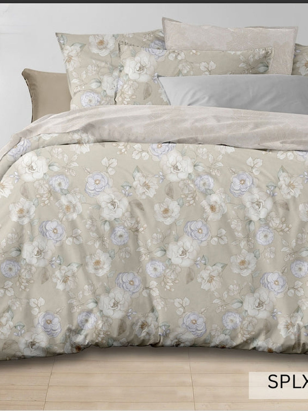 Sage-taupe bedsheet with large white anemone blooms, English Home 220TC SPLXL511