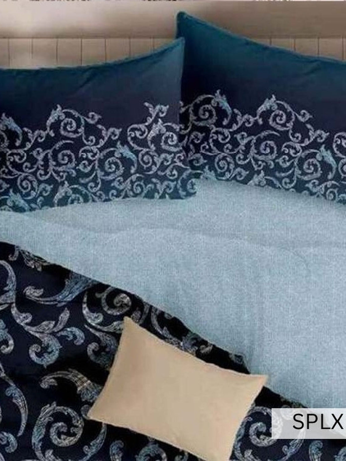 Navy bedsheet with white damask scroll border and ice-blue sheet, English Home SPLXL474