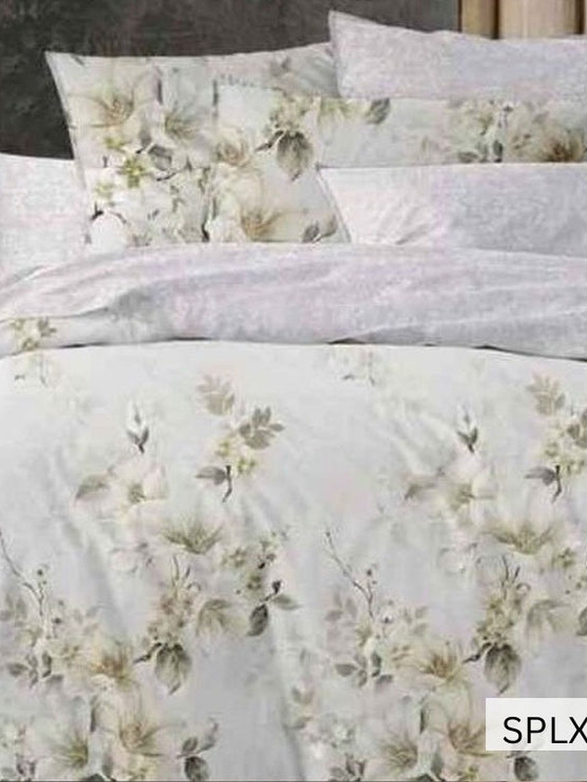 Pale grey bedsheet with sage and cream trailing lilies, English Home 220TC SPLXL479