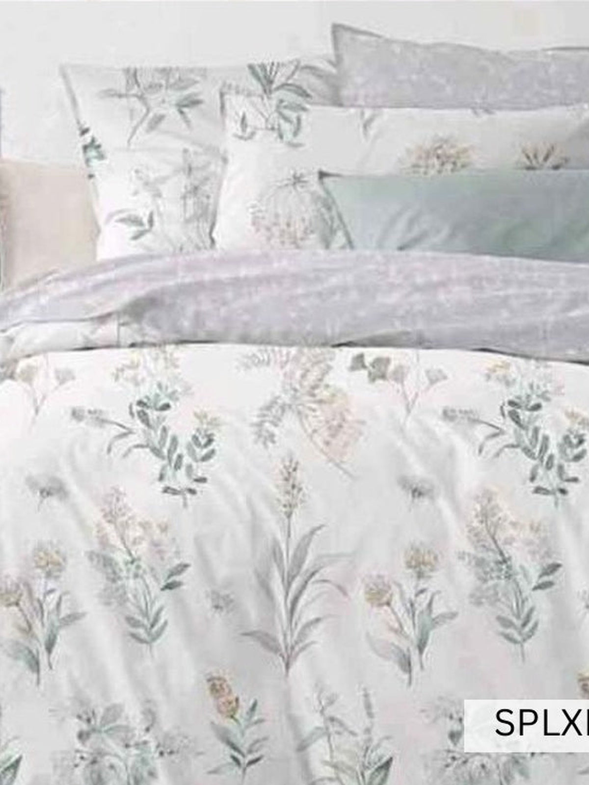 White bedsheet with fine olive and gold botanical stems, English Home 220TC SPLXL488