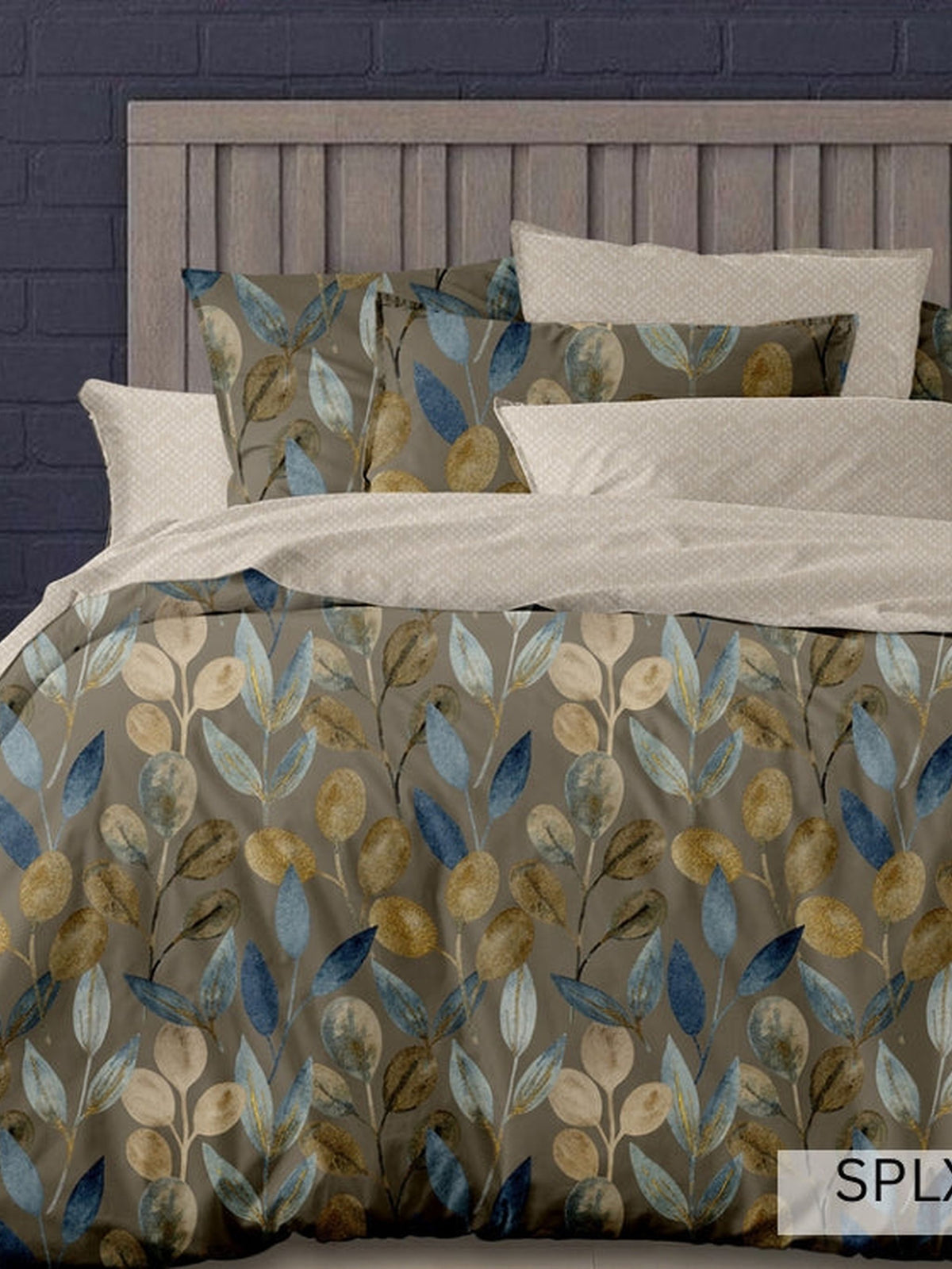 Olive, blue and mustard large leaf print bedding, English Home 220TC SPLXL515