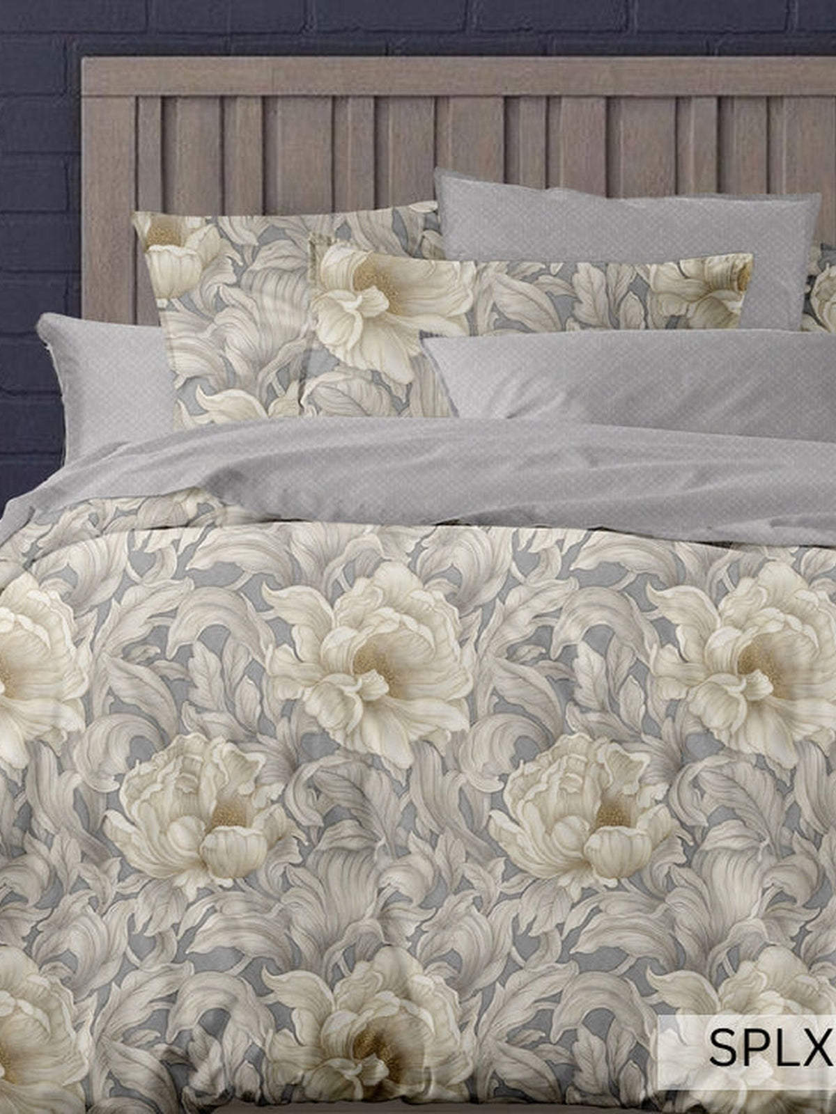 Grey bedsheet with cream and grey oversized peonies, English Home 220TC SPLXL516