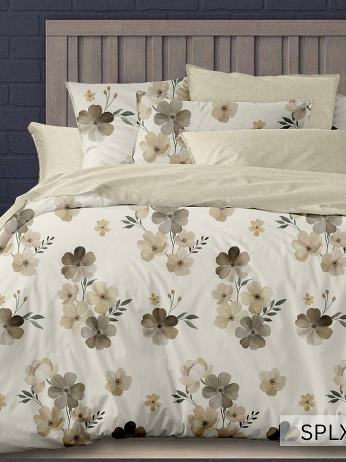 Cream bedsheet with grey, olive and mustard poppies, English Home 220TC SPLXL517