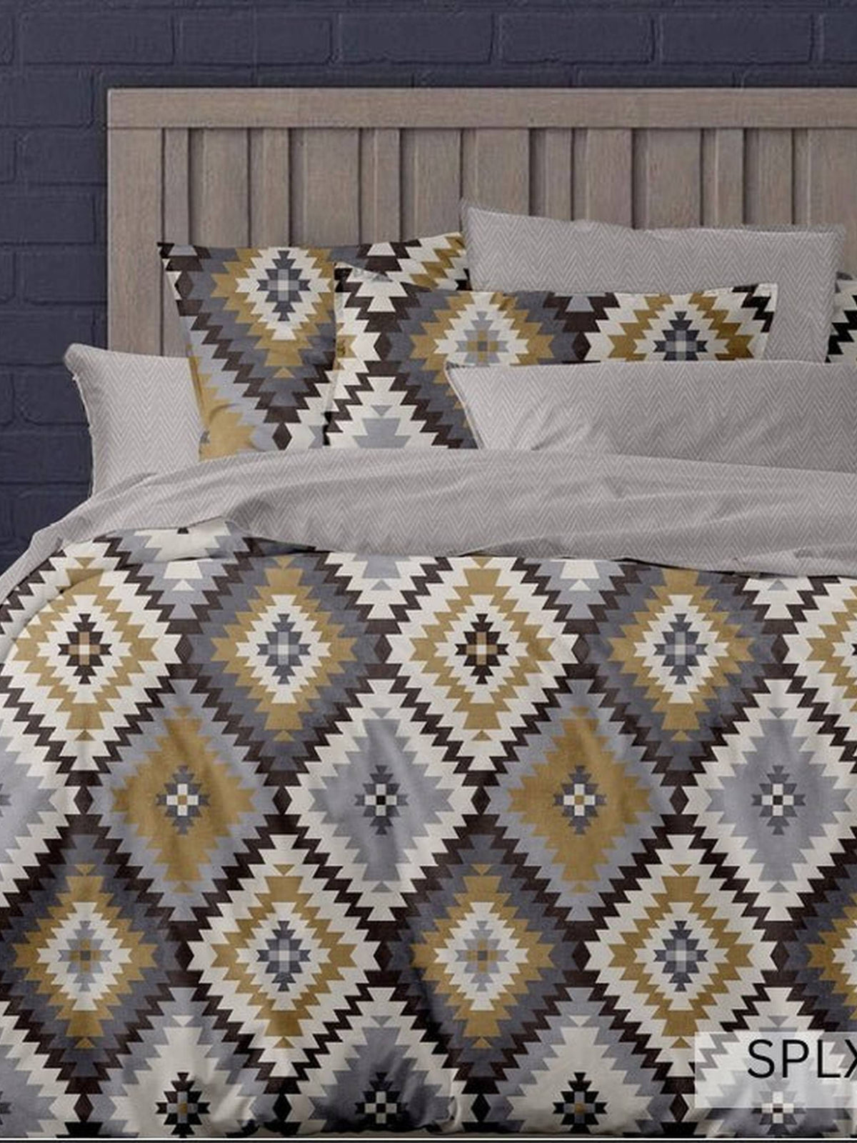 Mustard, charcoal and grey ikat diamond kilim bedding, English Home 220TC SPLXL518