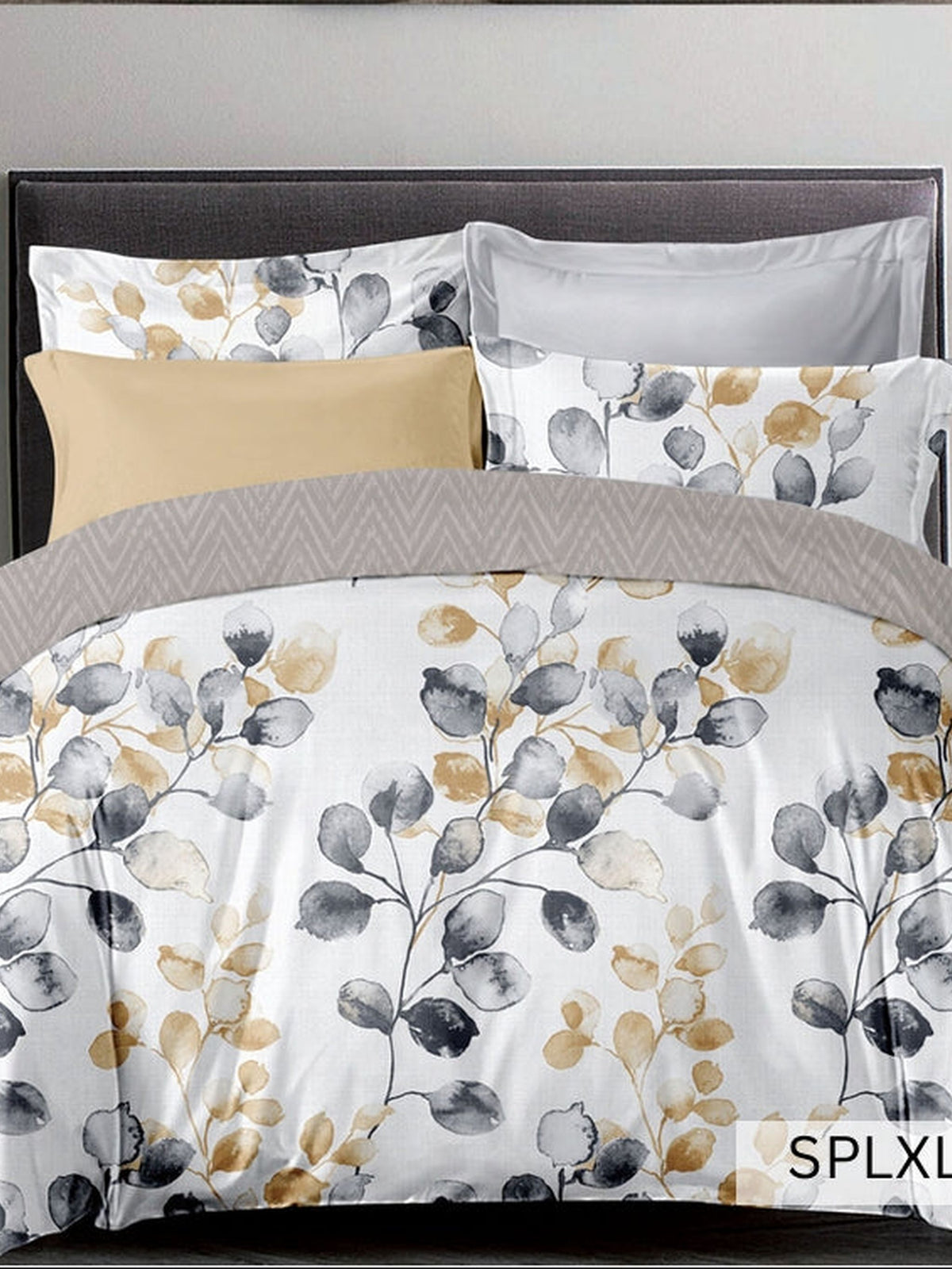 White bedsheet with grey and mustard eucalyptus leaves, English Home 220TC SPLXL520