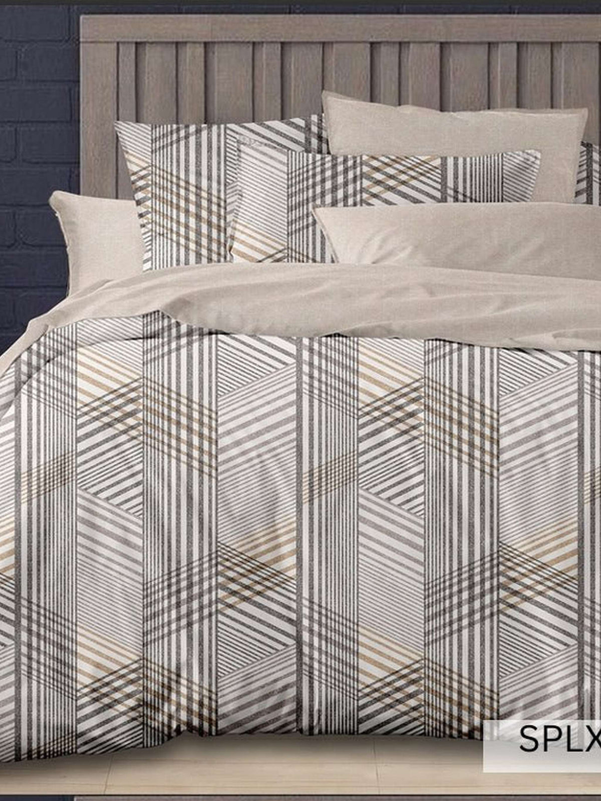 Cream bedding with gold and charcoal fine-line fan geometric, English Home SPLXL523