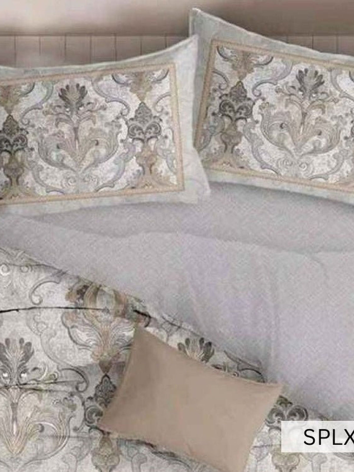 Pale grey baroque damask medallion panels with gold, English Home 220TC SPLXL475