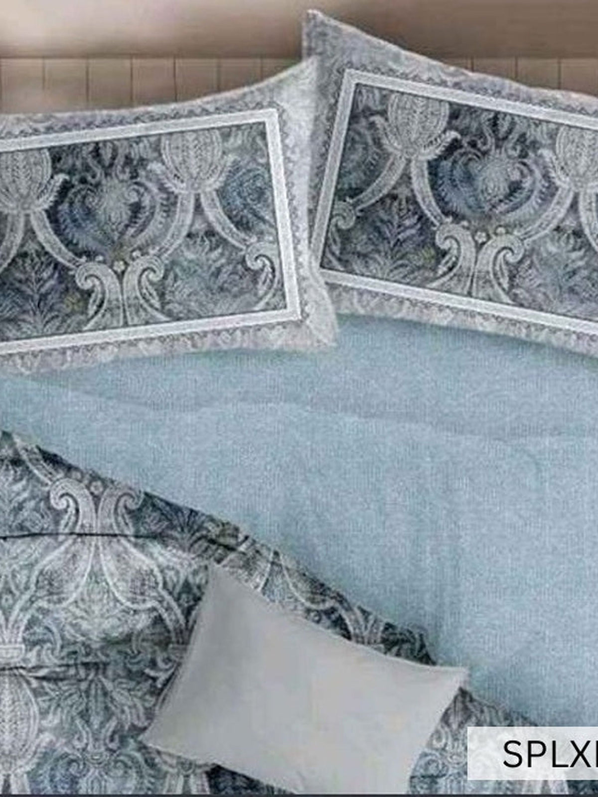 Blue-grey baroque medallion panels on soft blue chambray, English Home SPLXL477