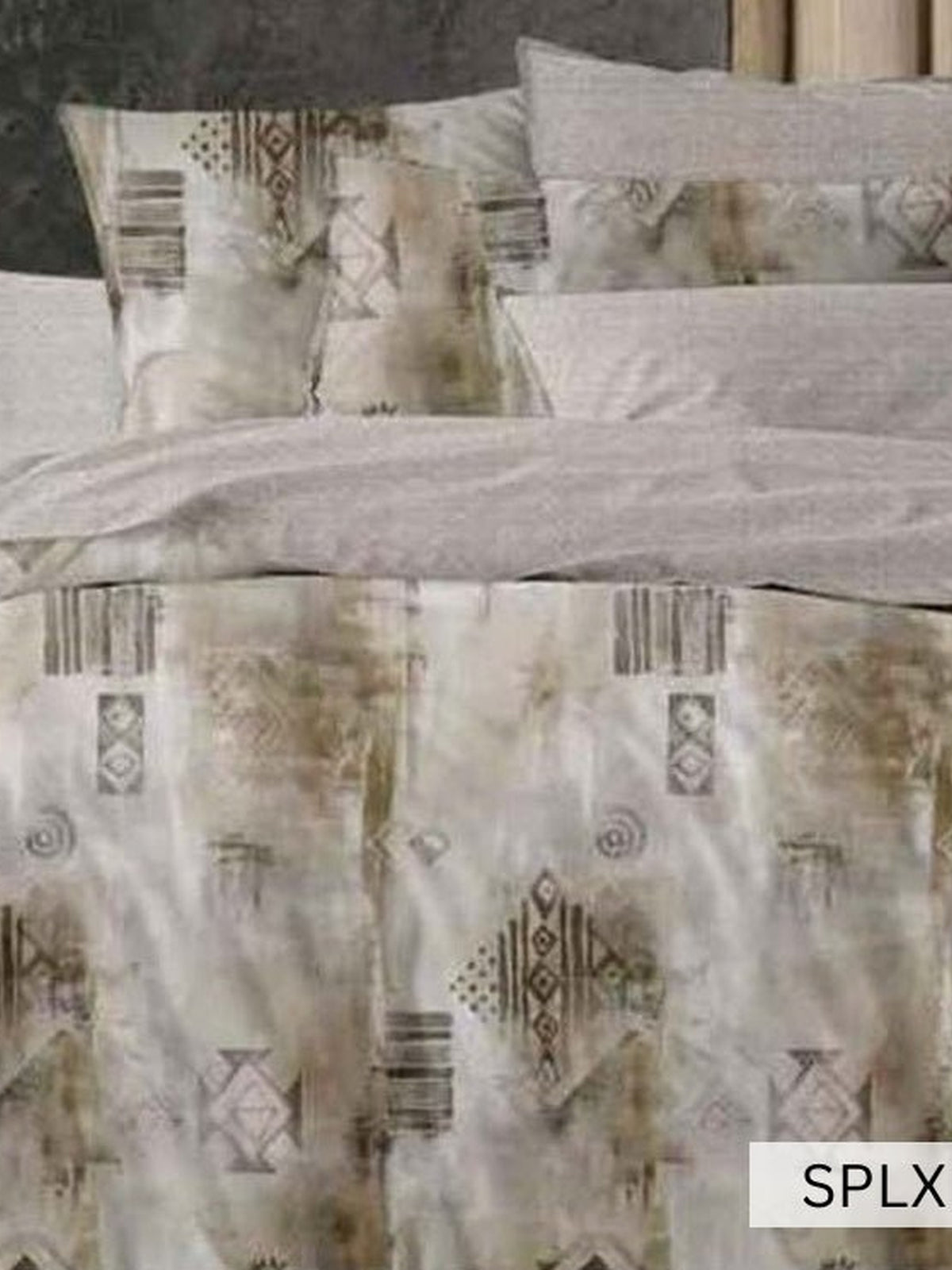 Taupe and olive washed abstract patchwork with tribal marks, English Home SPLXL483