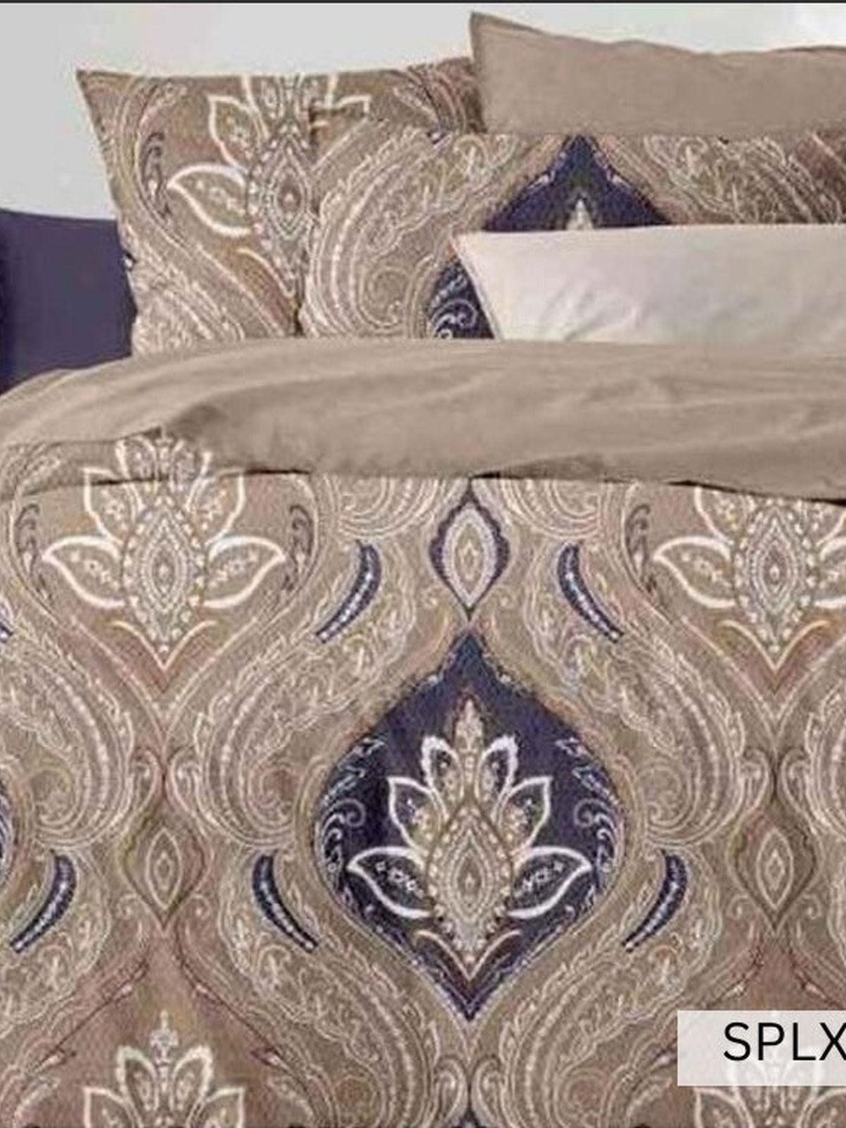 Mocha bedding with navy and cream lotus paisley medallions, English Home SPLXL485