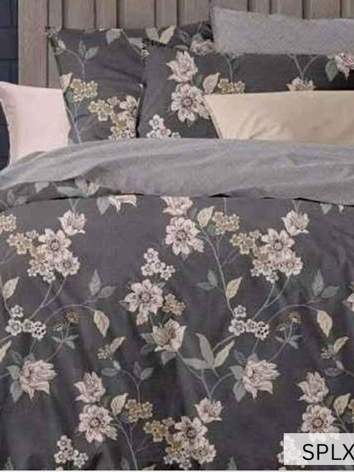 Charcoal grey bedsheet with white blossom sprays, English Home 220TC SPLXL487