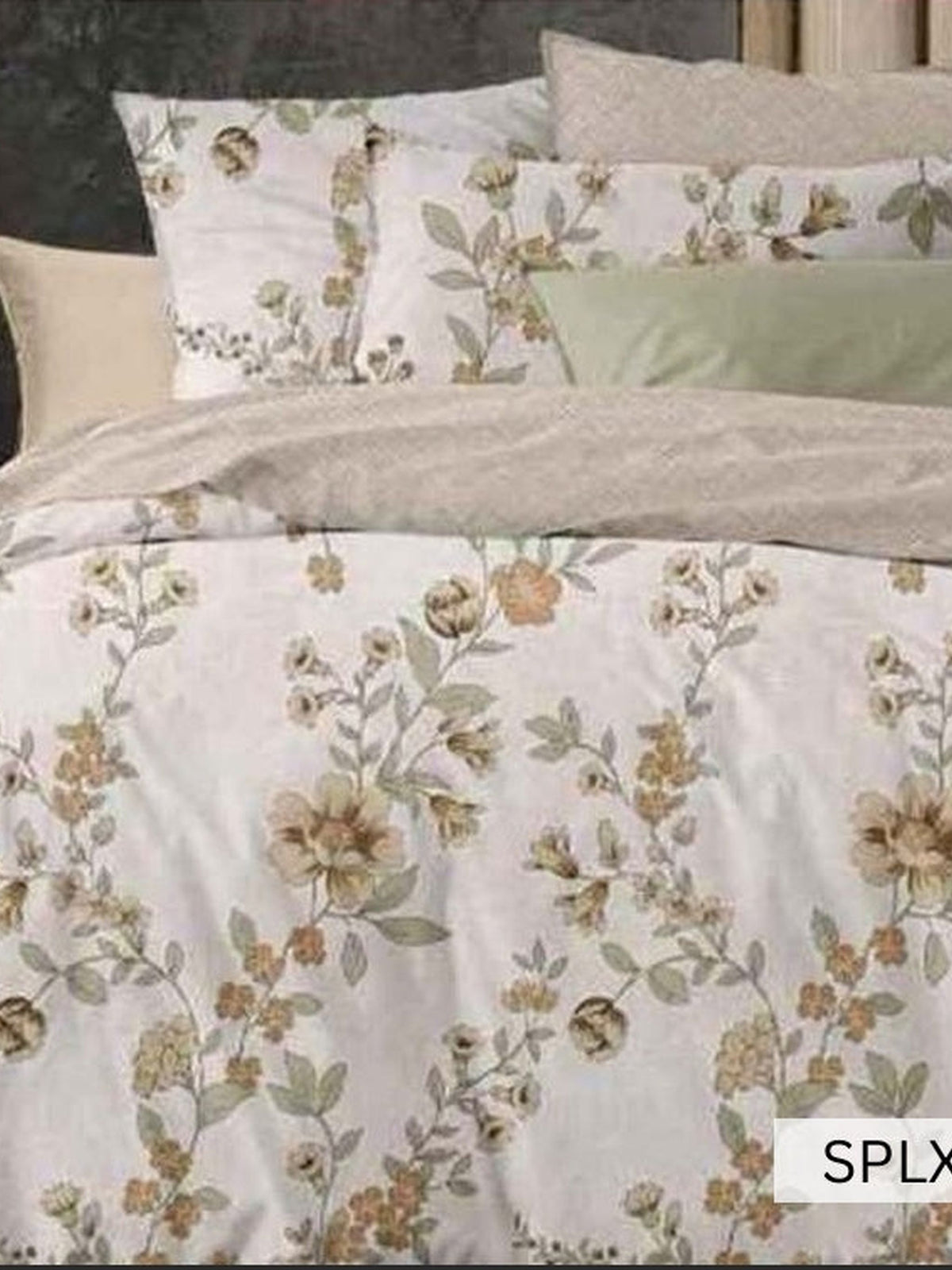 Cream bedsheet with soft gold and olive trailing floral vine, English Home 220TC