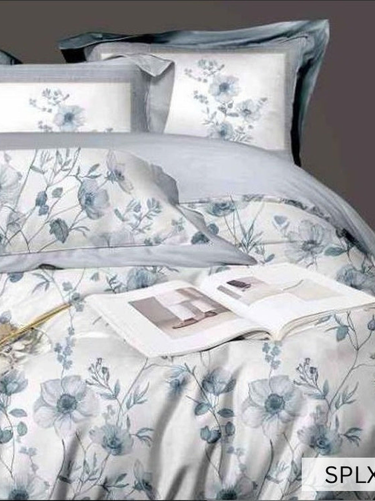 White bedsheet with soft blue watercolour poppies, English Home 220TC