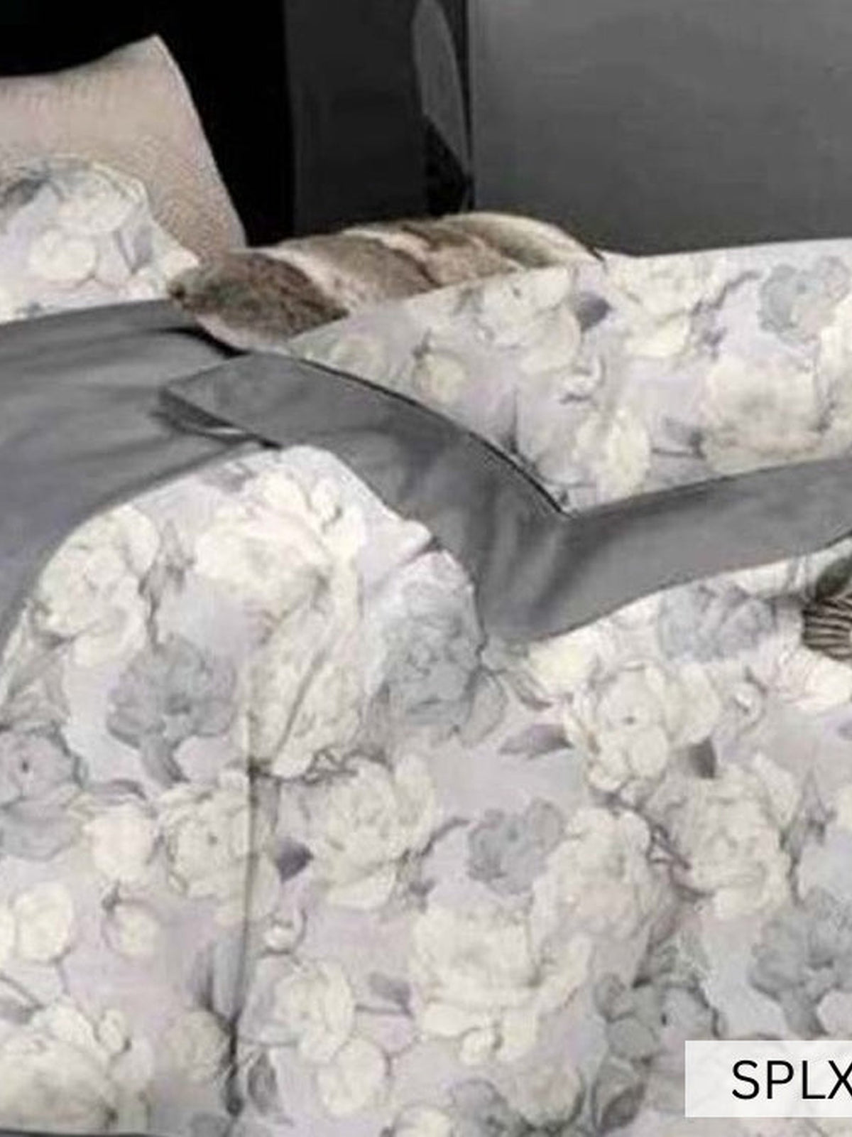 Grey and white oversized rose bloom bedsheet with grey sheet, English Home 220TC