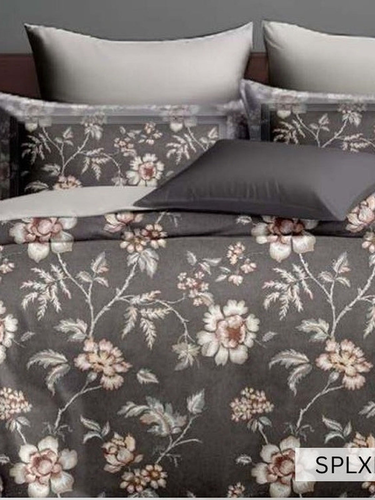 Charcoal grey bedsheet with cream and rust trailing blossom, English Home 220TC