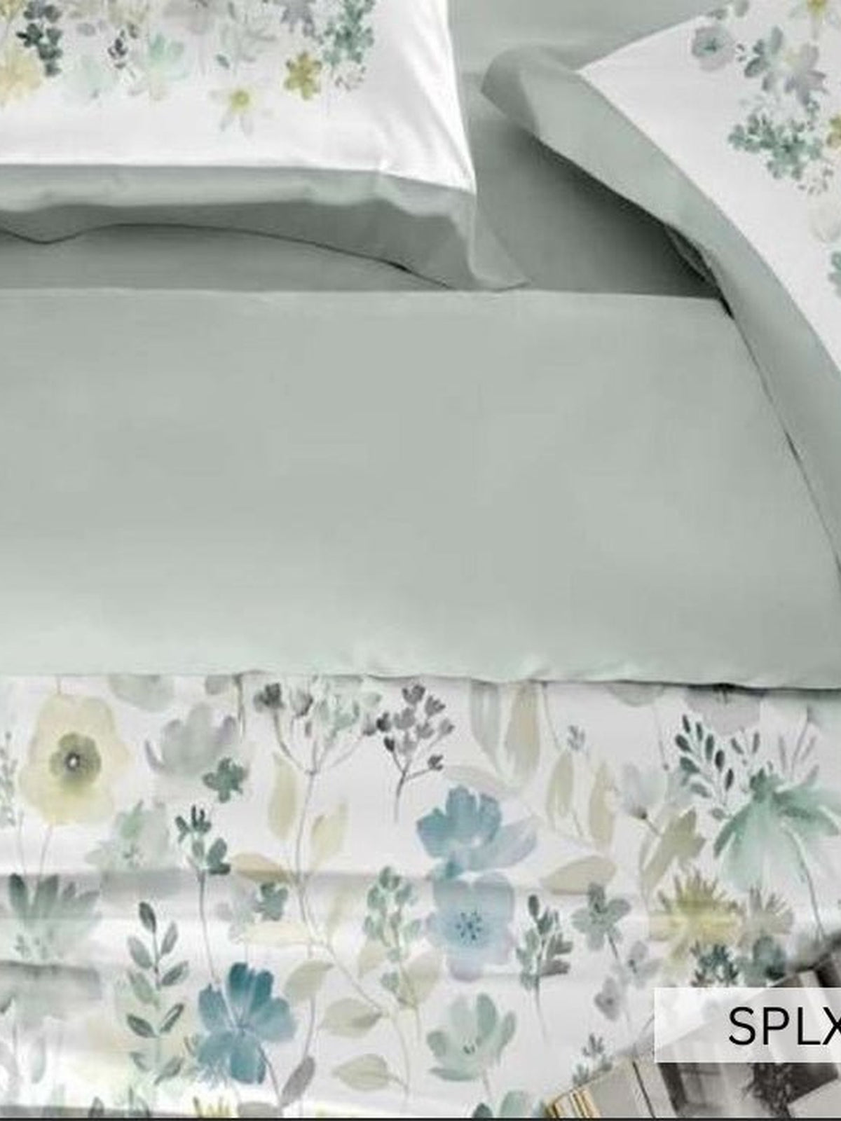 White bedsheet with soft blue and sage watercolour flowers, English Home 220TC