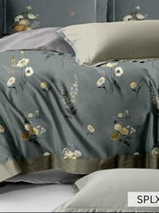 Slate green bedsheet with cream and gold daisy sprays, English Home 220TC