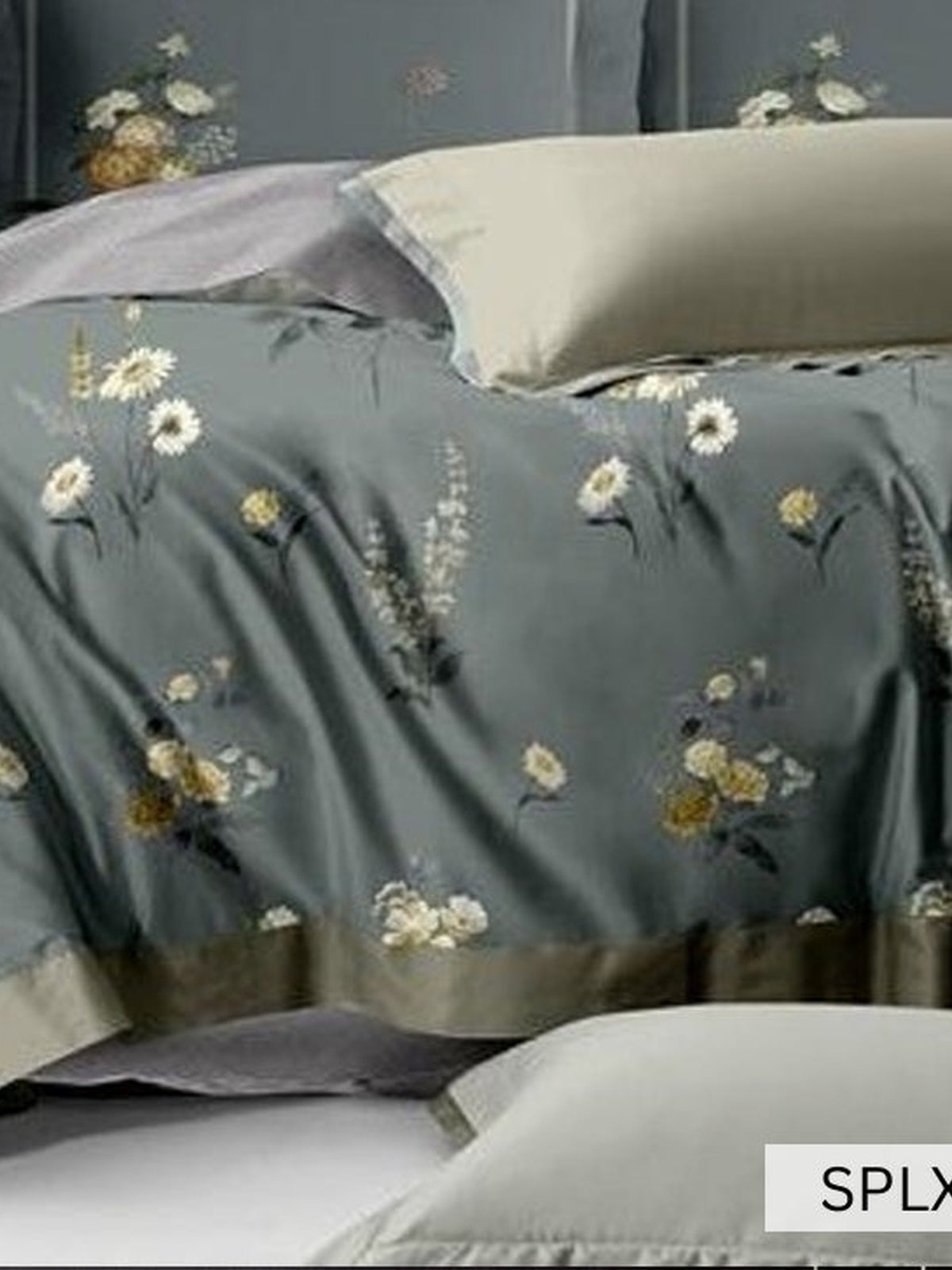 Slate green bedsheet with cream and gold daisy sprays, English Home 220TC