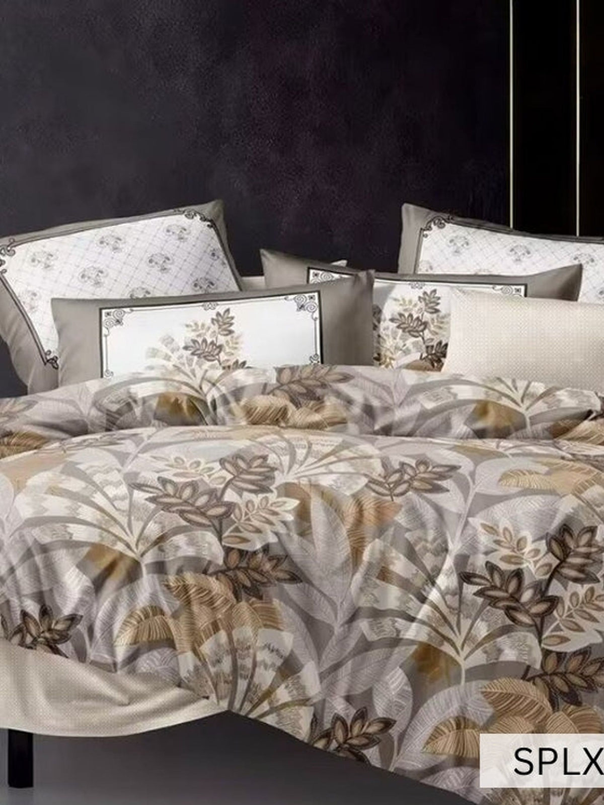 Cream and taupe bedsheet with large gold thistle blooms, English Home 220TC