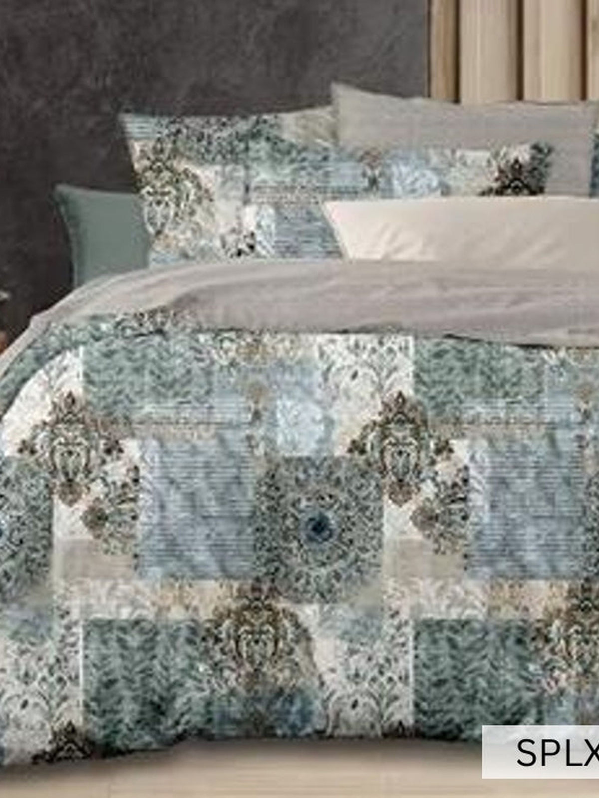 Sage and grey ornate patchwork tile print bedsheet, English Home 220TC