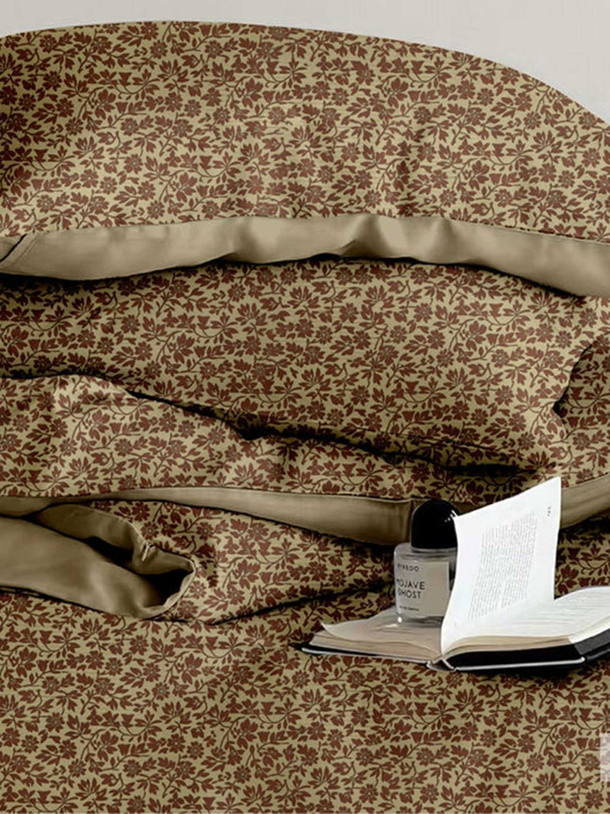 Brown floral print bedsheet with olive satin border, Four Seasons 350TC FSXL 40453
