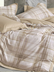 Beige and white plaid check bedding on a made bed, Four Seasons 350TC FSXL 40475