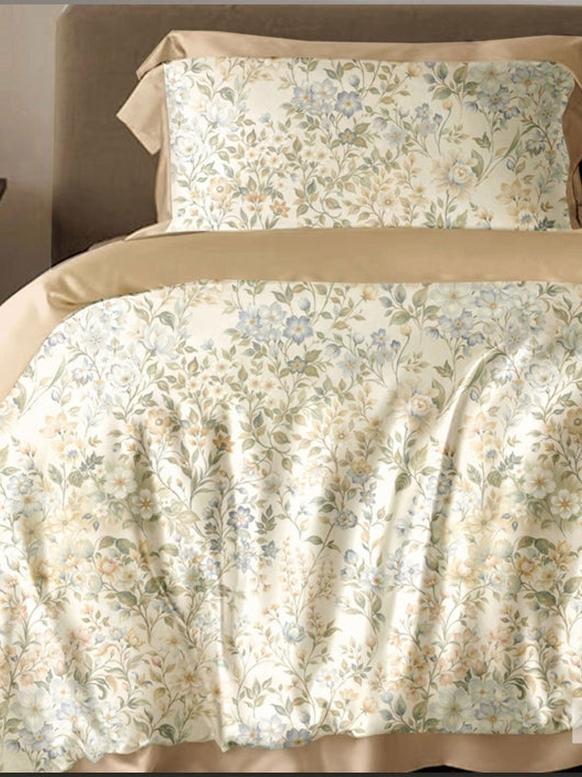 Ivory bedsheet with green and gold trailing floral, Four Seasons 350TC FSXL 40491