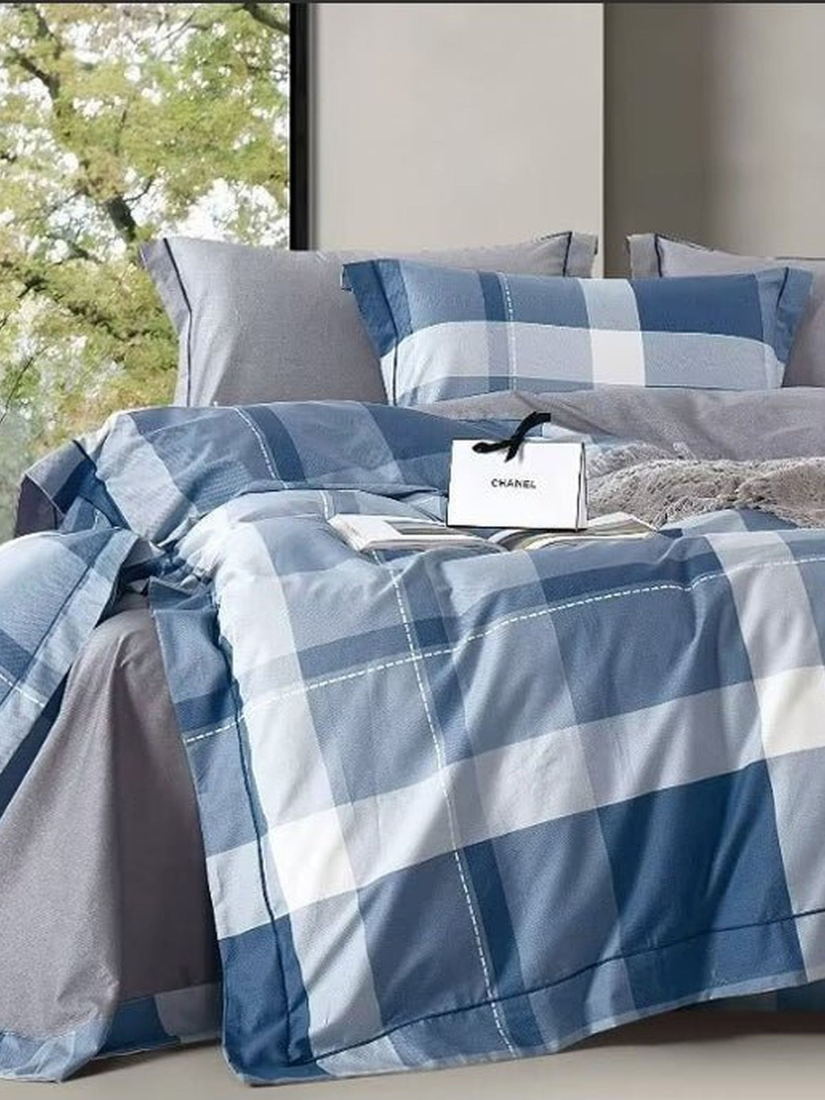 Blue and white buffalo check bedding with grey sheets, Four Seasons 350TC FSXL 40420