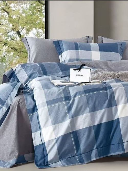 Blue and white buffalo check bedding with grey sheets, Four Seasons 350TC FSXL 40420