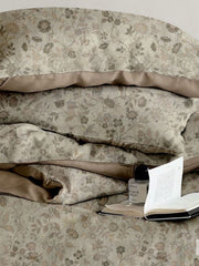 Stone beige tonal floral with taupe satin border, Four Seasons 350TC FSXL 40446