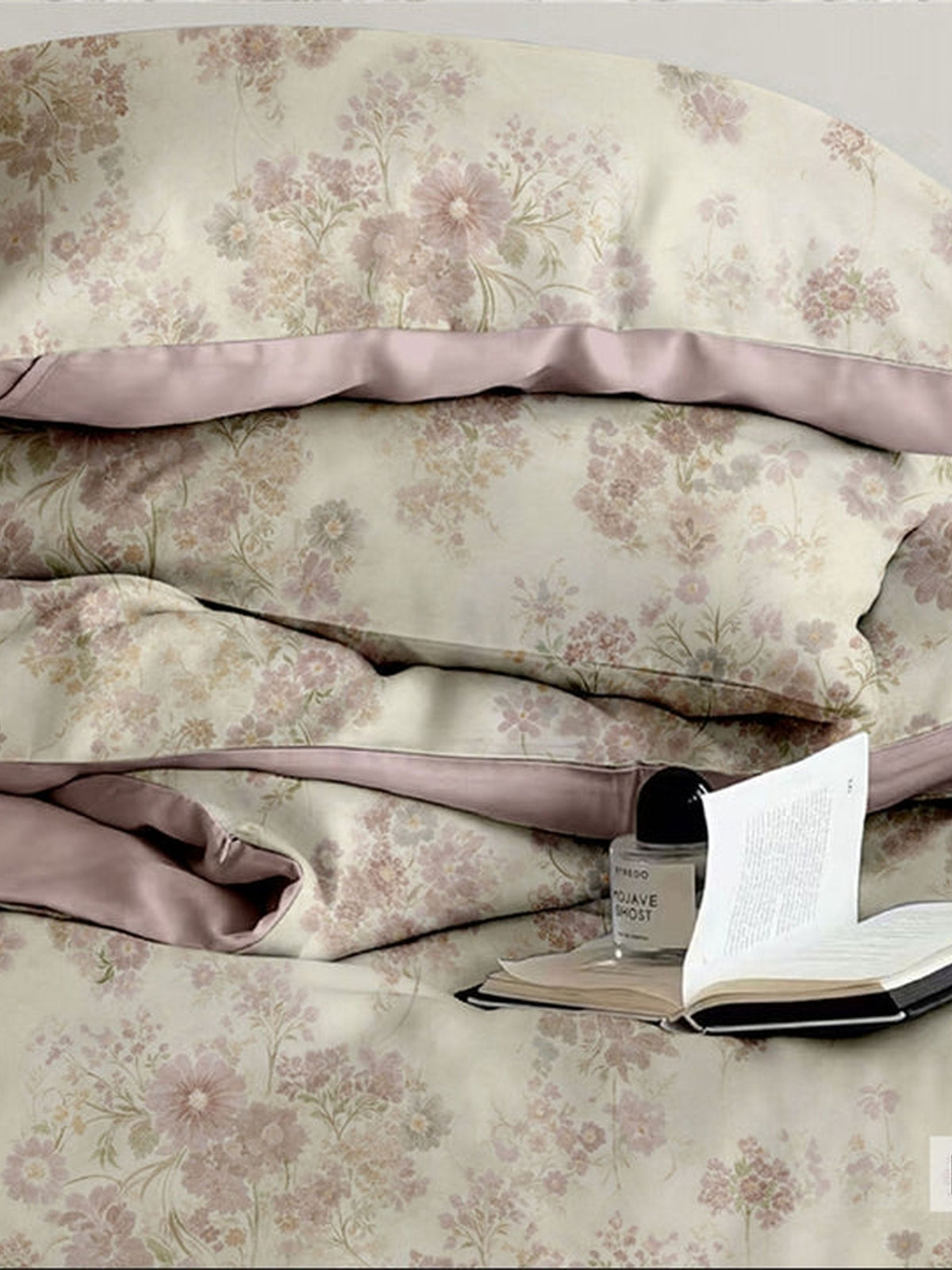 Cream bedsheet with mauve floral and dusty mauve border, Four Seasons 350TC FSXL 40450