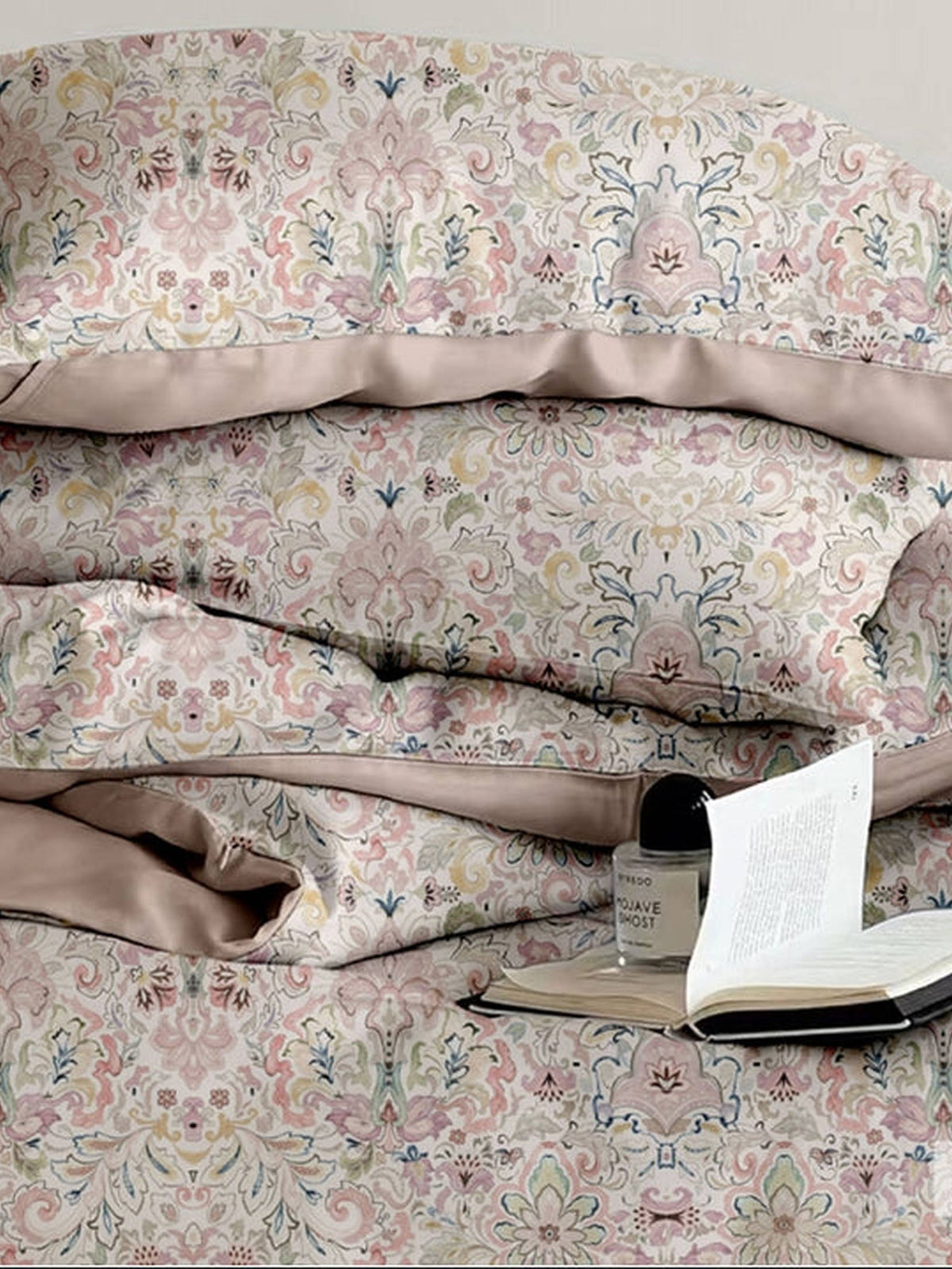 Blush ivory folk floral in pink and blue with taupe border, Four Seasons 350TC FSXL 40455