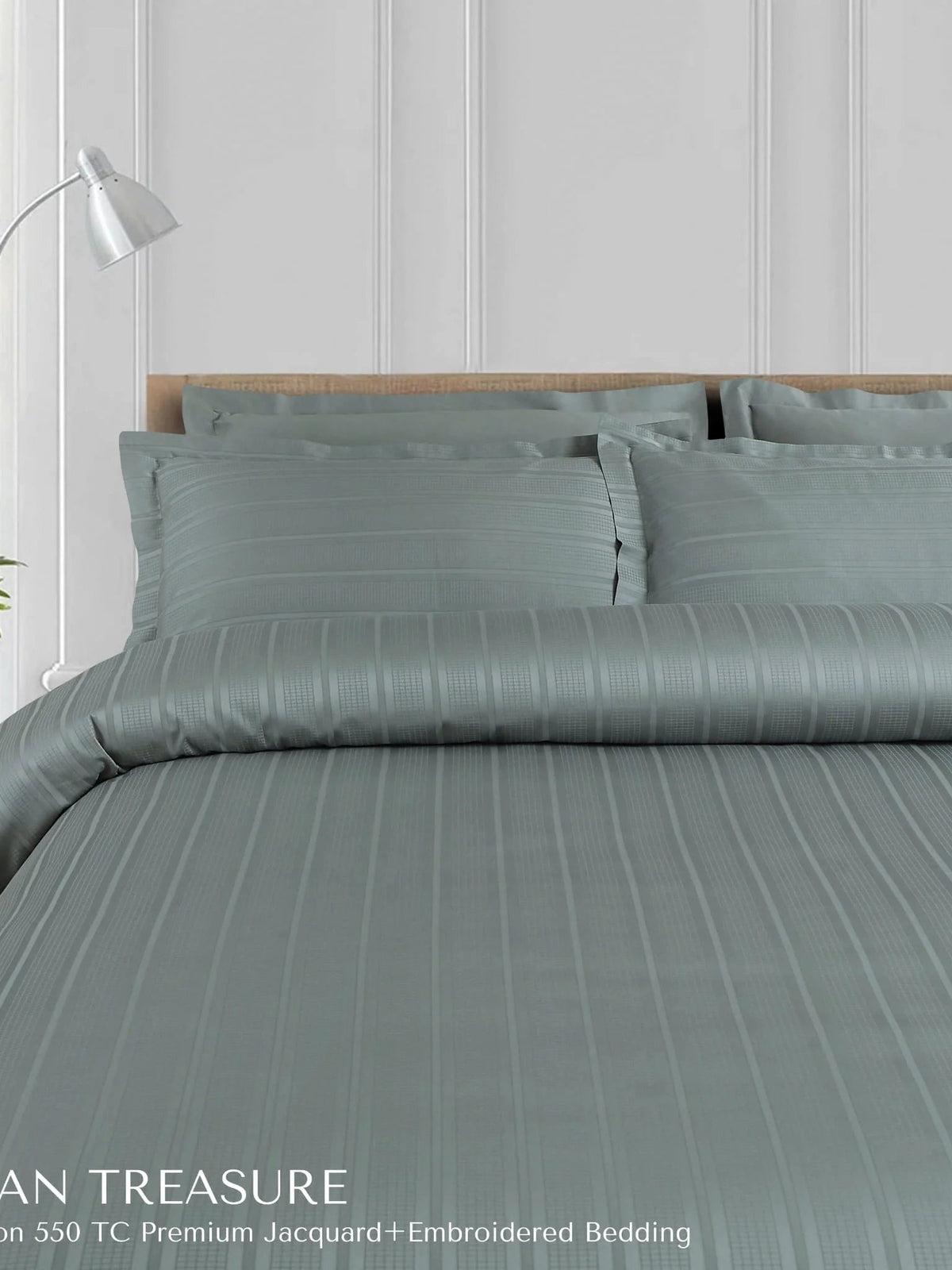 Slate grey satin-stripe jacquard bedding made up on a bed, Tuscan Treasure 550TC