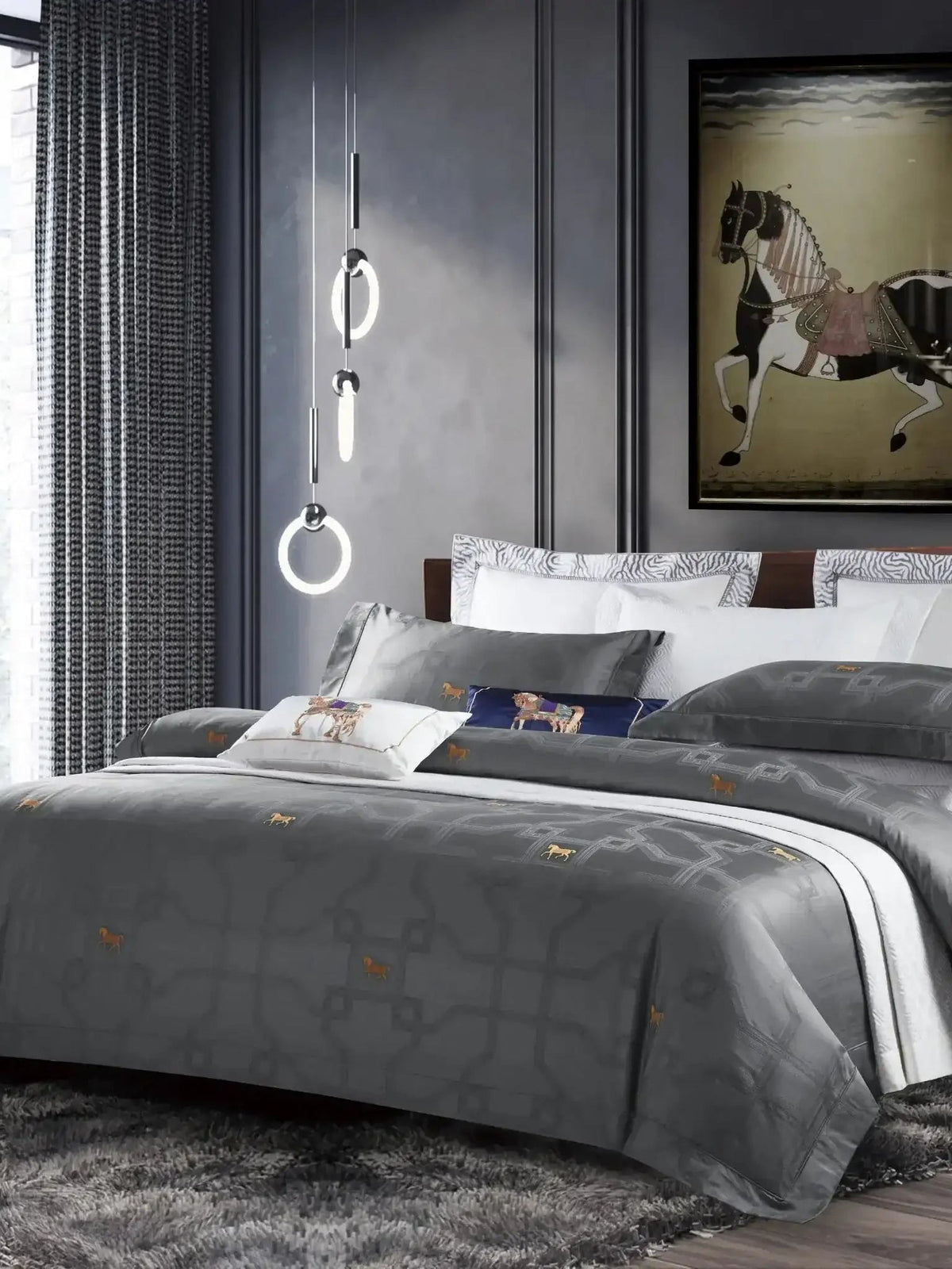 Grey jacquard bedsheet set with a tonal geometric lattice pattern and gold horse motifs, styled on a bed with white pillows in a dark bedroom