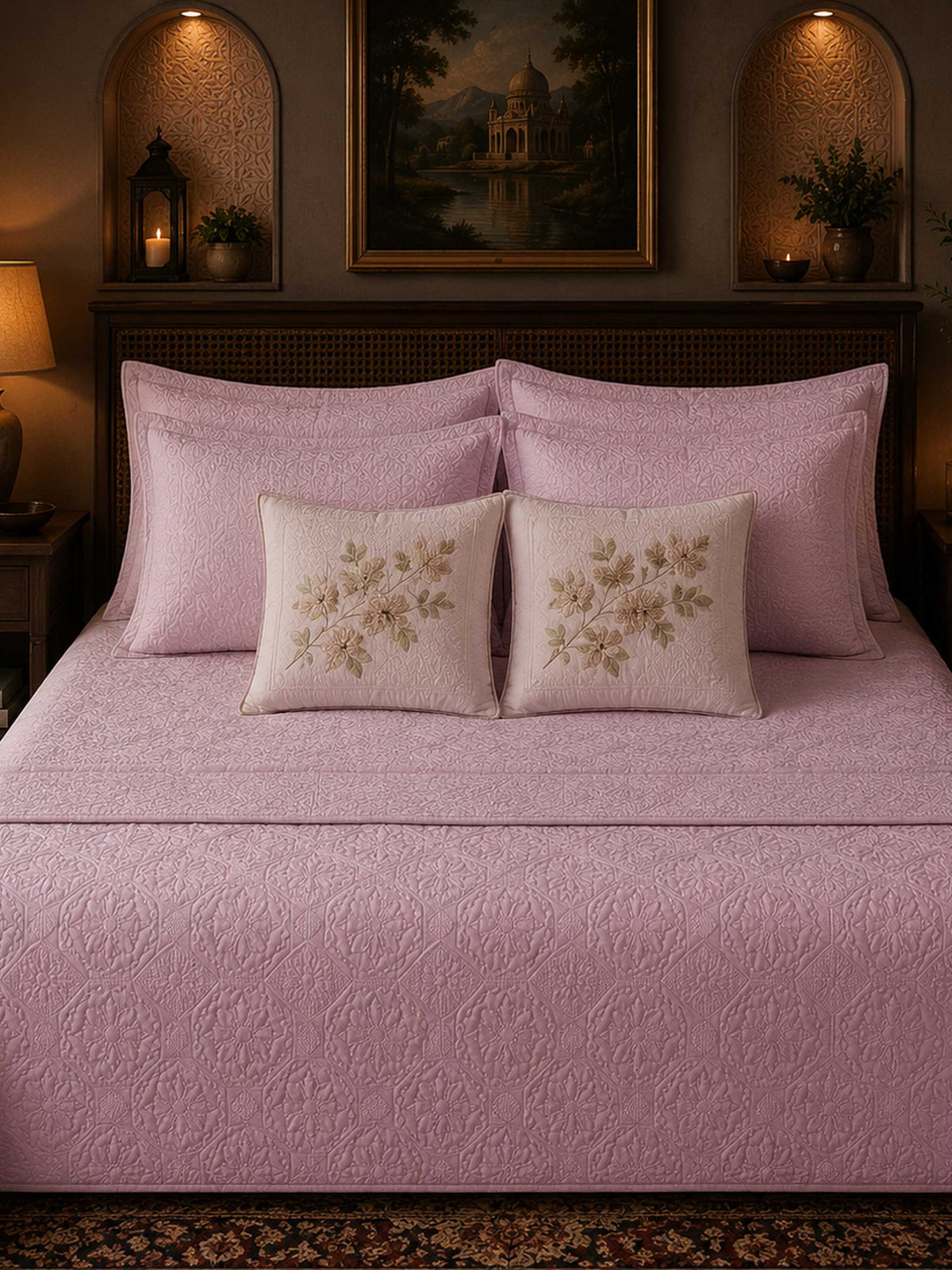 Maple pink quilted floral cotton bedcover set with embroidered cushion covers