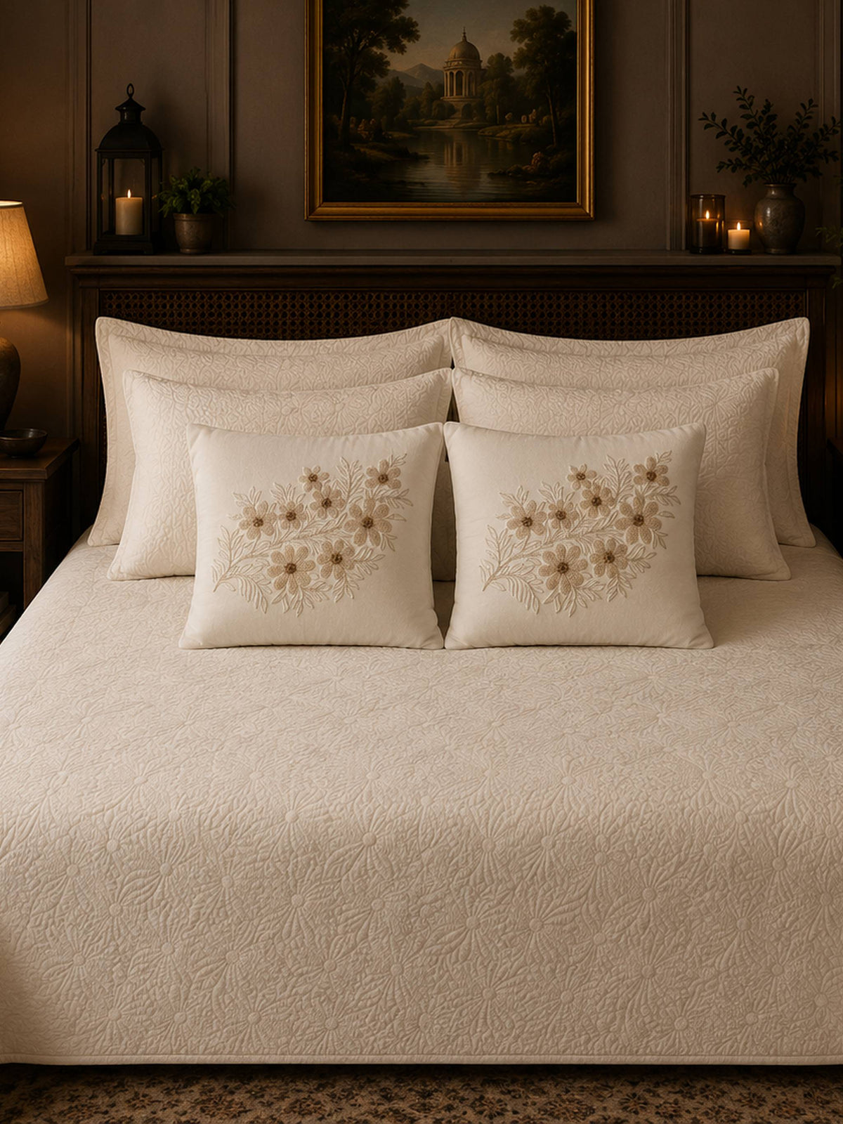 Jubilee beige quilted floral cotton bedcover set with embroidered cushion covers